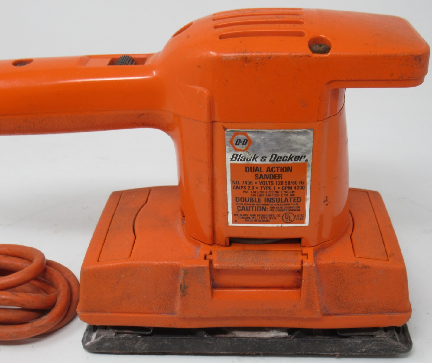 BLACK & DECKER DUAL ACTION SANDER #7436, CORDED FINISHING SANDER 120V 2.8A, VTG