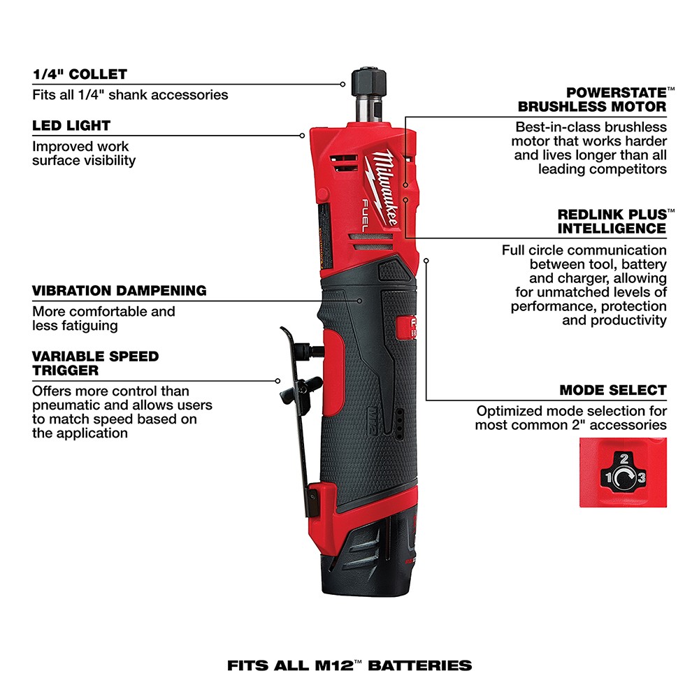 Milwaukee 2486-22 M12 FUEL Cordless Straight Die Grinder Kit with 2 Battery