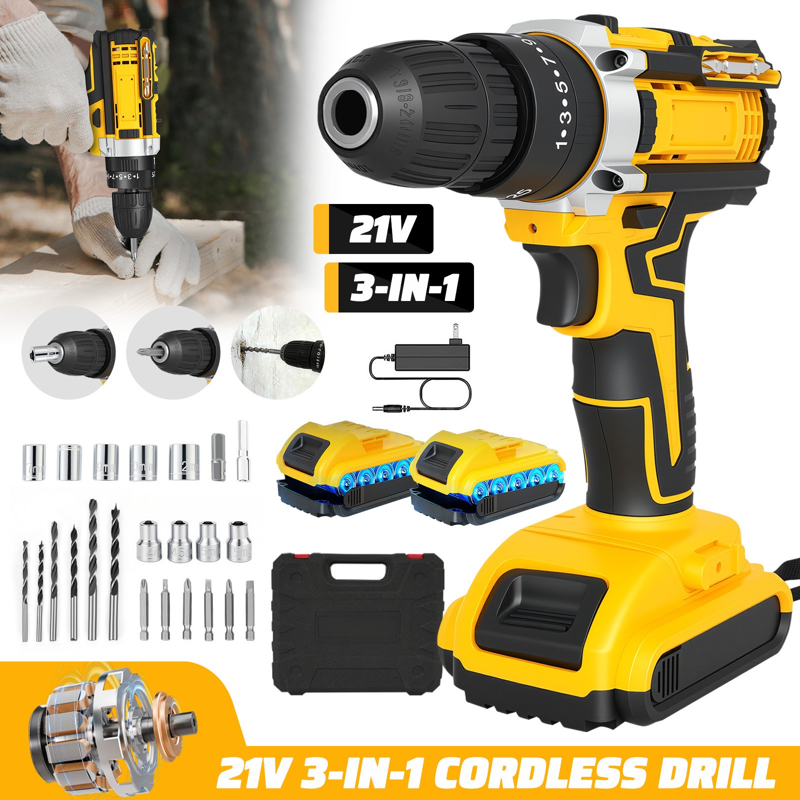 Cordless Brushless Impact Driver Hammer Drill Combo Kit with 2 Battery & Charger