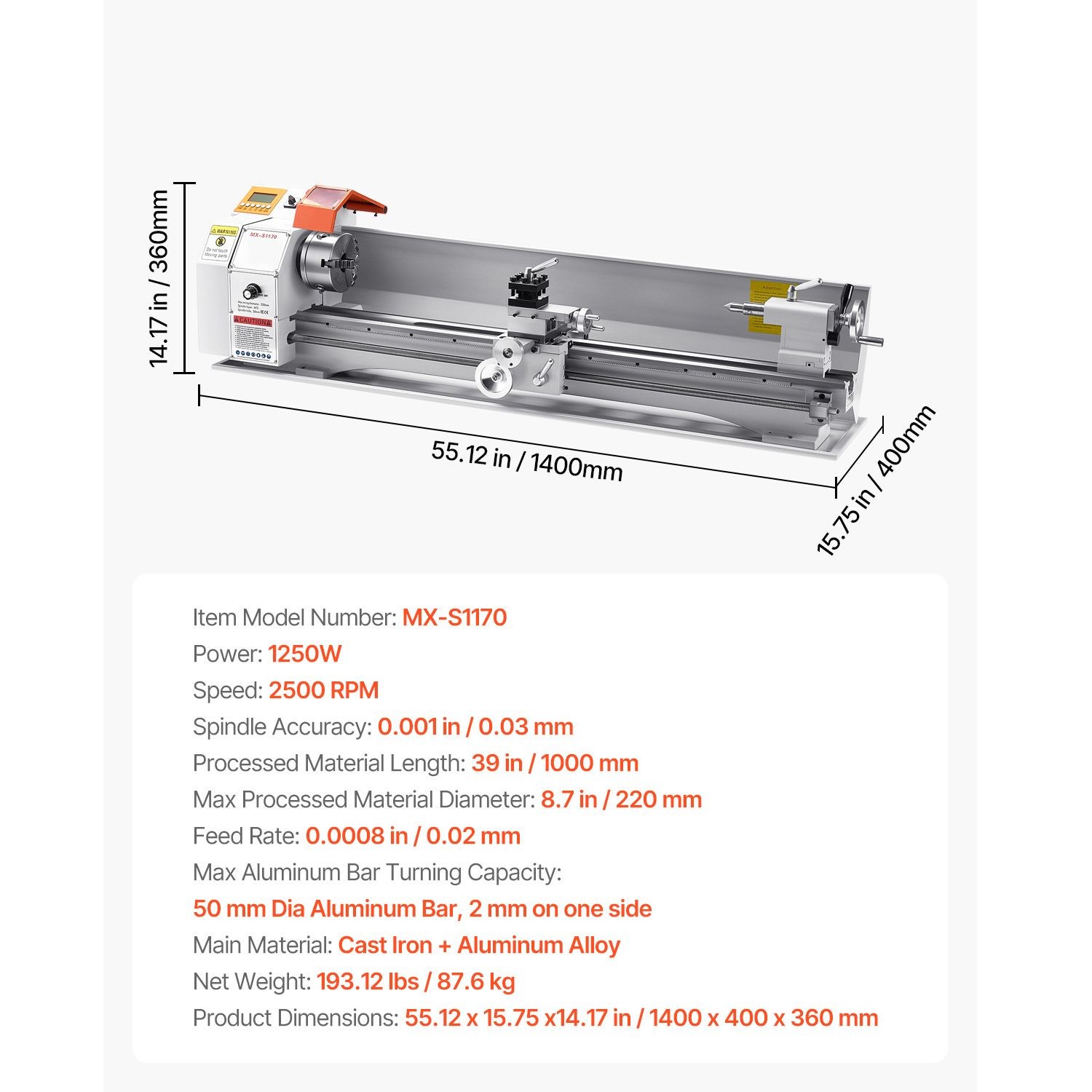 1250W Precision Metal Lathe 8.7x39in Variable Speed Automatic Feed 2500RPM