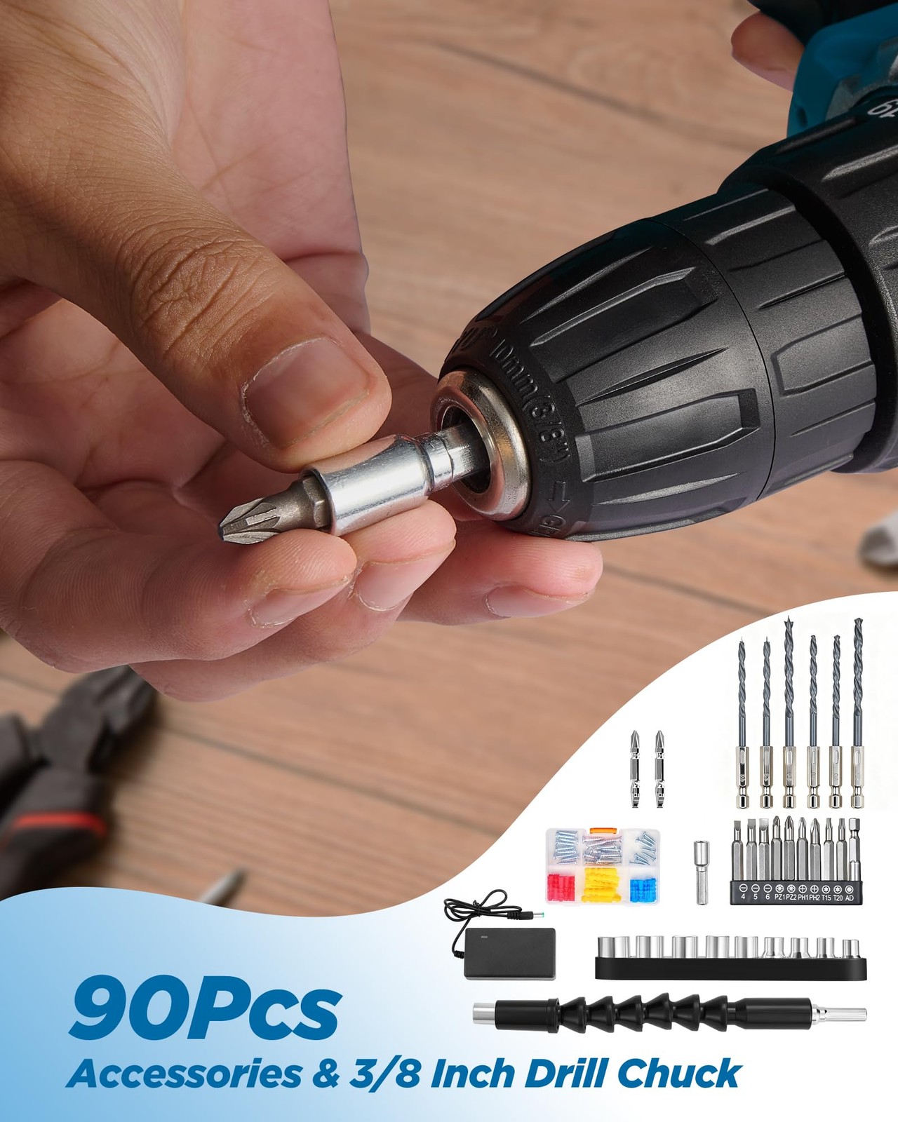 21V Cordless Power Drill Set 3/8&Prime; Chuck 2.0Ah Battery 25+1 Torque 90 Pcs
