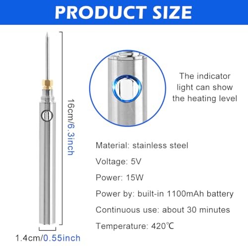 USB Rechargeable Portable Soldering Iron Kit, 1100mah 5V 15W Rapid Heat Silver