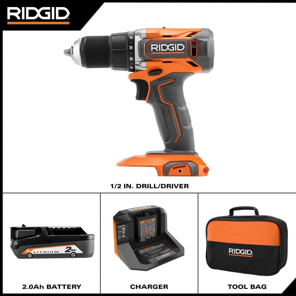 RIDGID 18V Cordless 1/2 in. Drill/Driver Kit with 2.0 Ah Battery and Charger