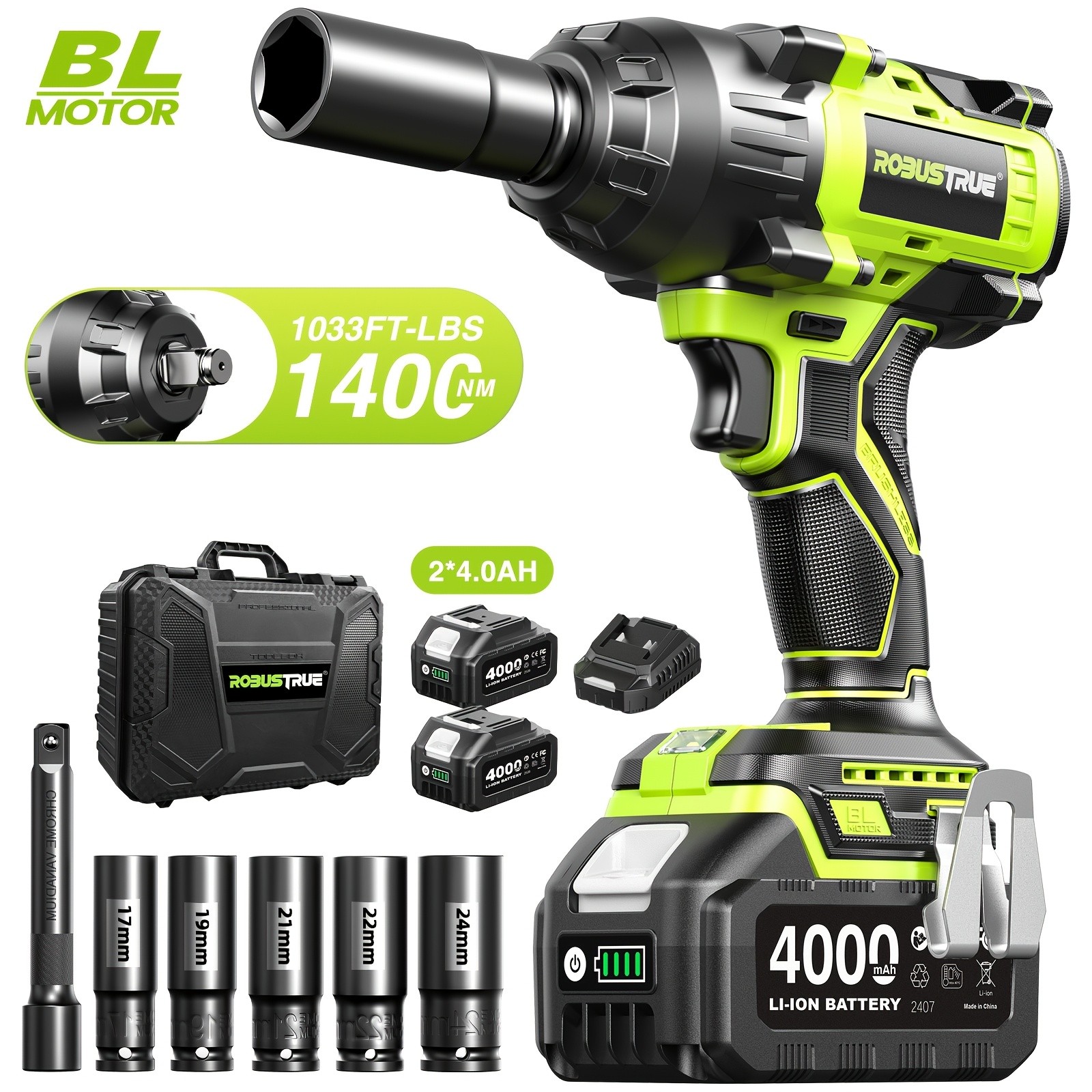 Robustrue Cordless Impact Wrench 1033ft-lbs (1400N.m) for Truck & RV Repairs