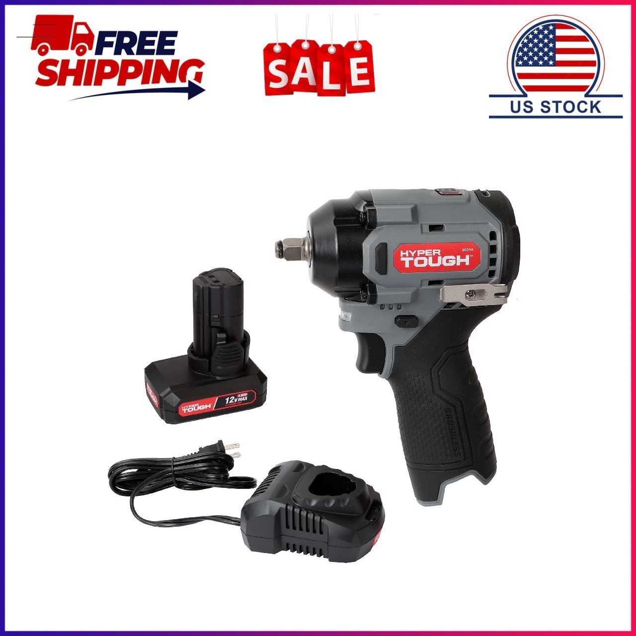 Hyper Tough 12V Max Cordless Brushless Impact Wrench with 4.0Ah Lithium-Ion Batt