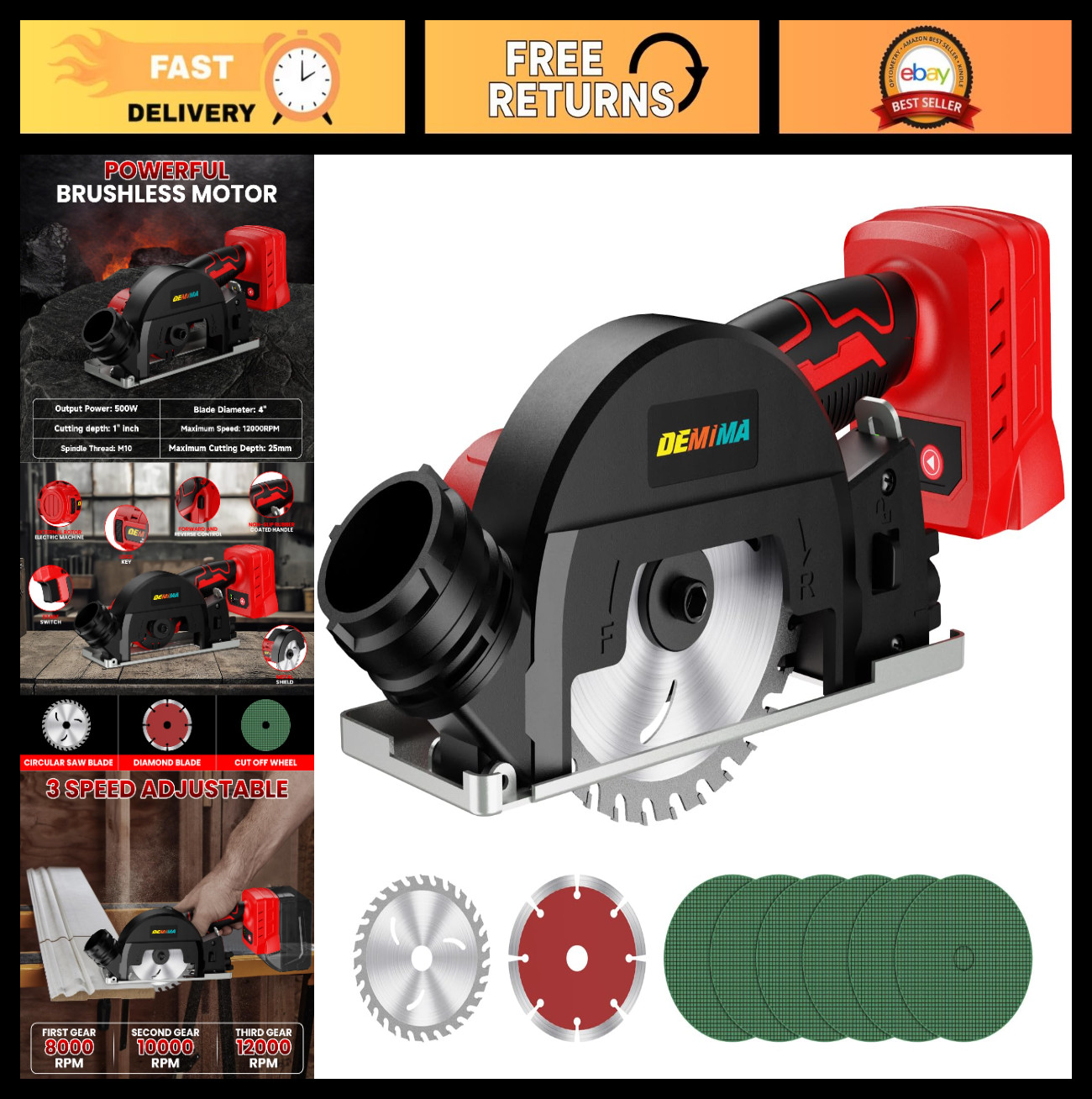 4&Prime; Cordless Cut-Off Tool, 500W Mini Saw, 12000RPM, 6 Wheels & Blades for Metal,