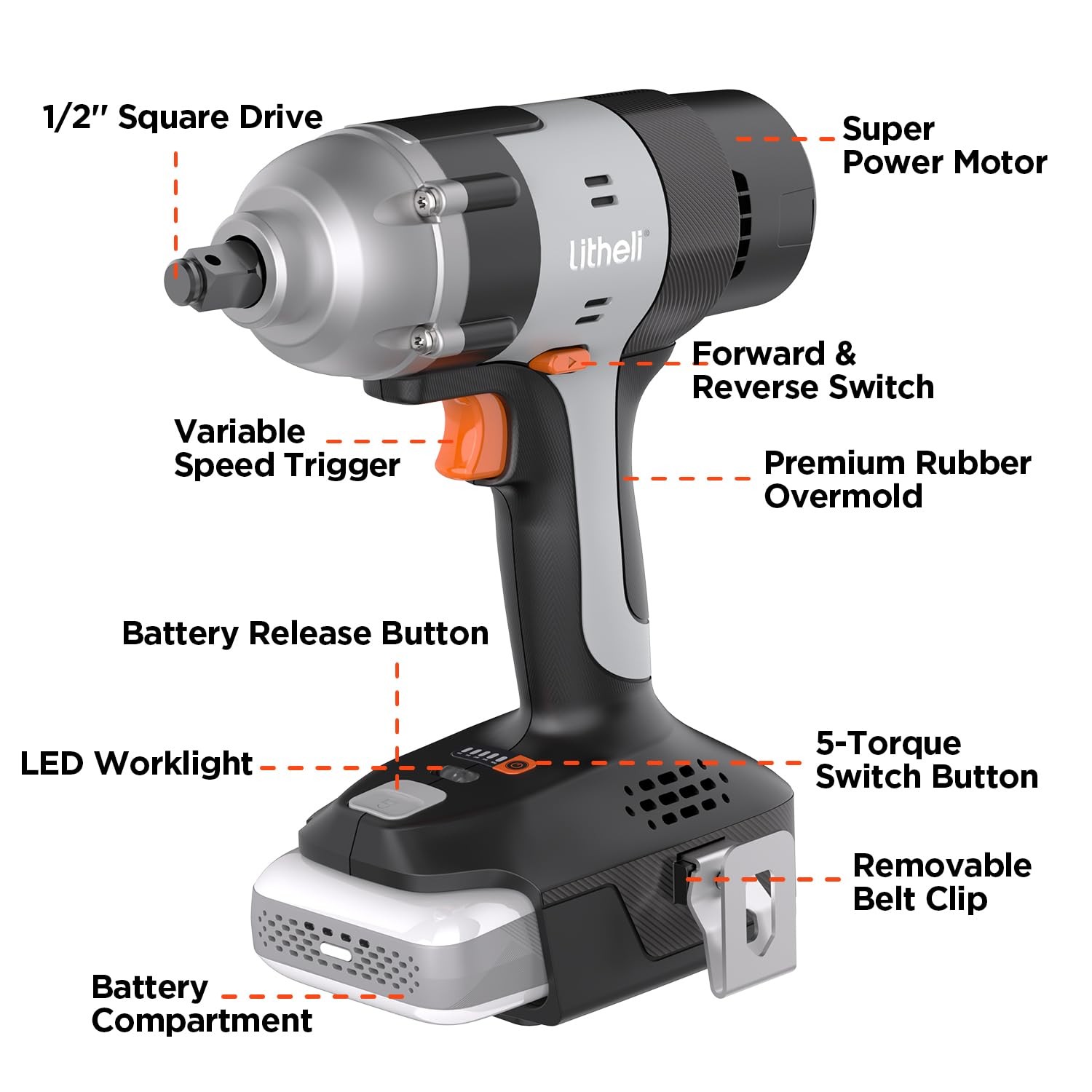 LiTHELi 20V Cordless Impact Wrench Kit with 2.0Ah Battery, 1/2&Prime; Hog Ring Impa…