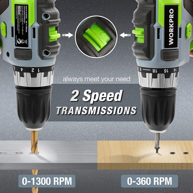 WORKPRO 20V Cordless Drill/Driver Kit 3/8&Prime; 18+2 Torque Setting Variable Speed US