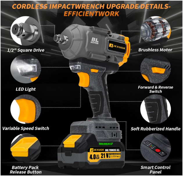 Llave de impacto inalámbrica de 21V y 1500 Nm. Incluye 2 baterías de 4.0Ah y 6 v
