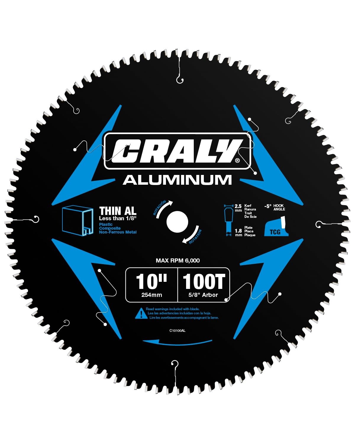CRALY 10 Inch 100 Teeth Aluminum and Non-Ferrous Metal Cutting Circular Saw Blad