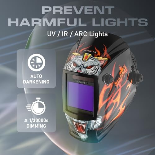 Welding Helmet with Auto Darkening Large Viewing 3.94×3.27&Prime; C. White Tiger