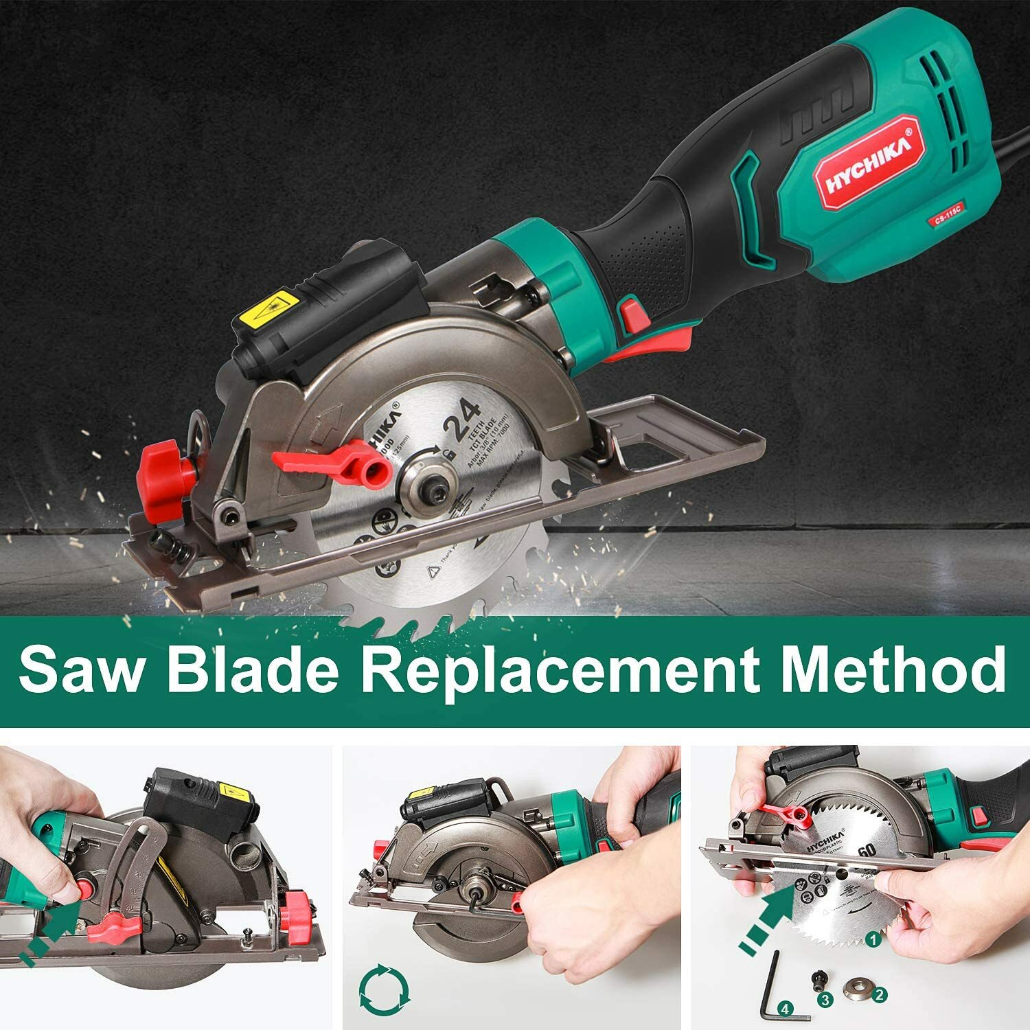 HYCHIKA 6.2A, 750W, Mini Electric Circular Saw, Laser Guide, 6 Blades CS-115C