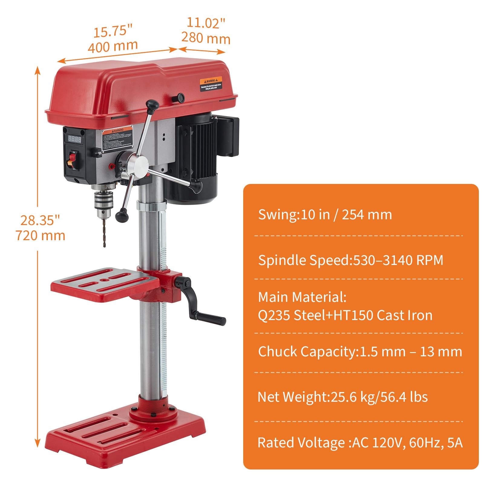 10&Prime; Benchtop Drill Press, 5A Variable Speed Motor LED Light/Laser | (Class II Ma