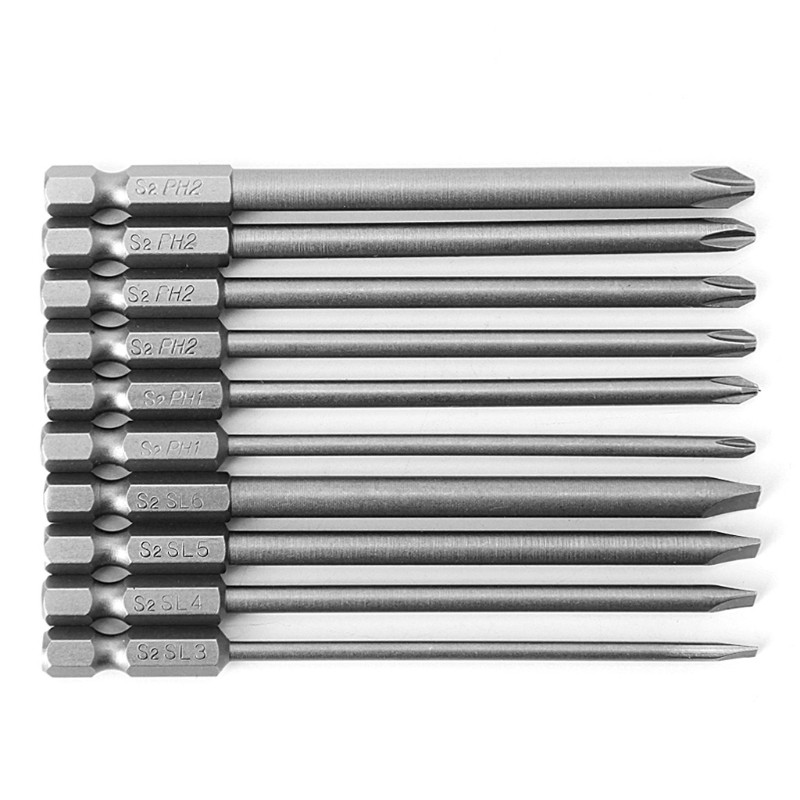 10 Pcs Slotted PH2 Screwdriver Bit S2 Steel 1/4 Hex Shank 100mm