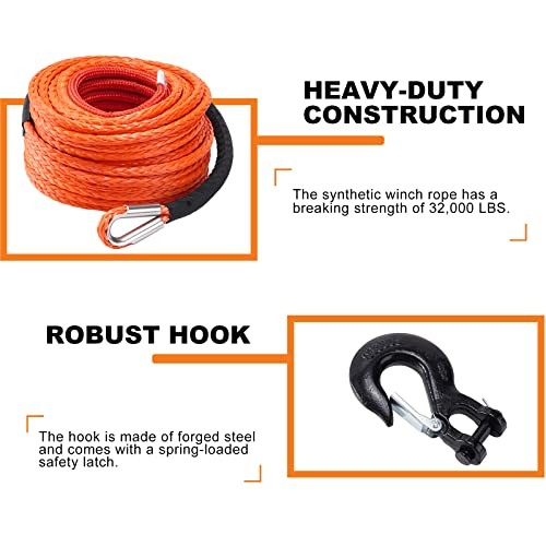 Synthetic Winch Rope Cable Kit: 1/2&Prime; x 100 ft 32000lbs Winch Line Cable 100ft