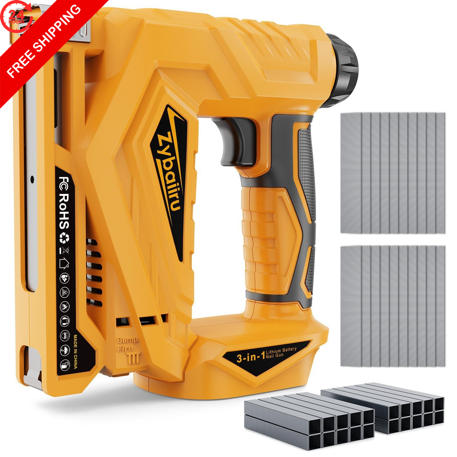 Zybaiiru 3-In-1 Small Cordless Staple Nail Gun, 18 GA standard, Yellow
