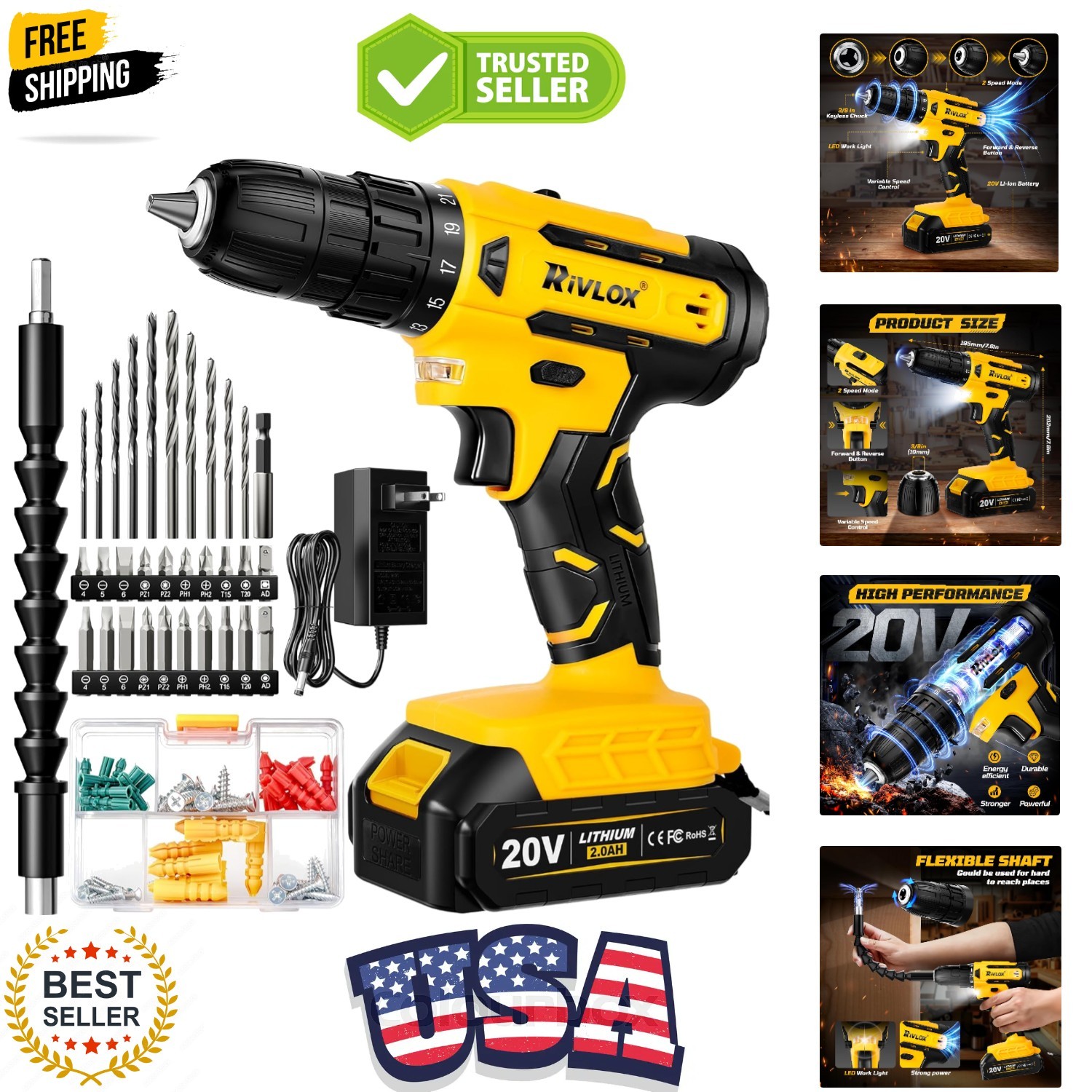 20V Cordless Drill Set,Electric Power Drill Cordless,Power Drill Drivers,Elec…