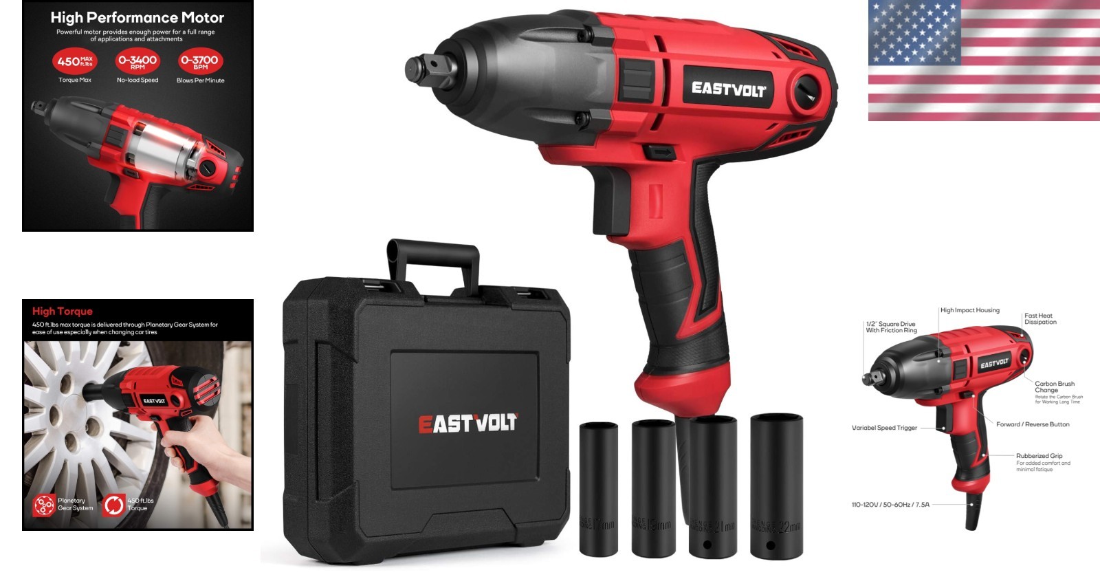 800W Electric Impact Wrench, 3400 RPM, 450 Ft-lbs