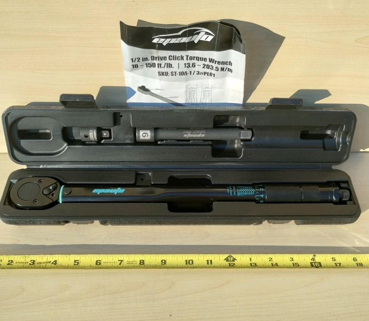 New EPAuto 1/2&Prime; Click Torque Wrench 10-150 ft-lb, 3/8&Prime; Adapter & Used Extension