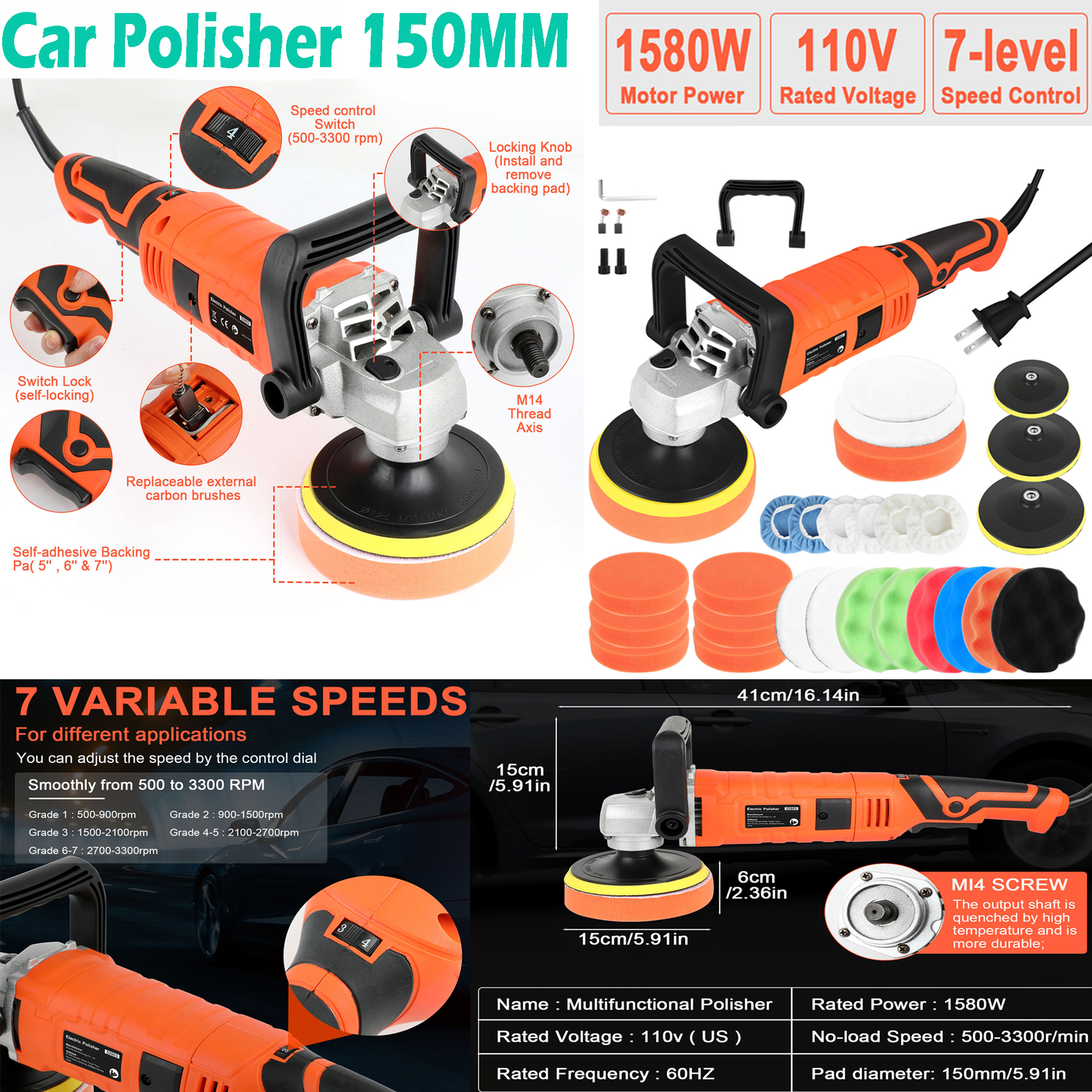 1580W Buffing Pad Machine Kit Buffer Polishing Car Polisher Waxing Tool Set 5-7&Prime;