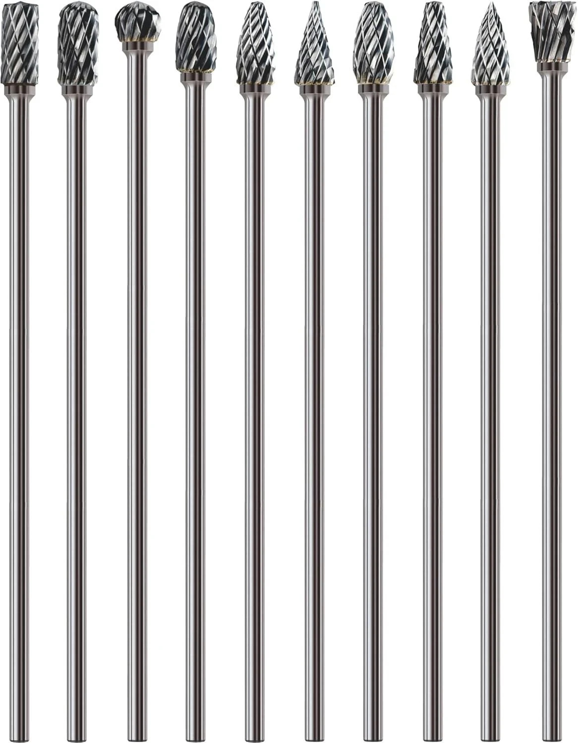 Long Carbide Burr Set 10pcs 1/8&Prime; Shank 4.4&Prime; Long Die Grinder Bits Metal Porting