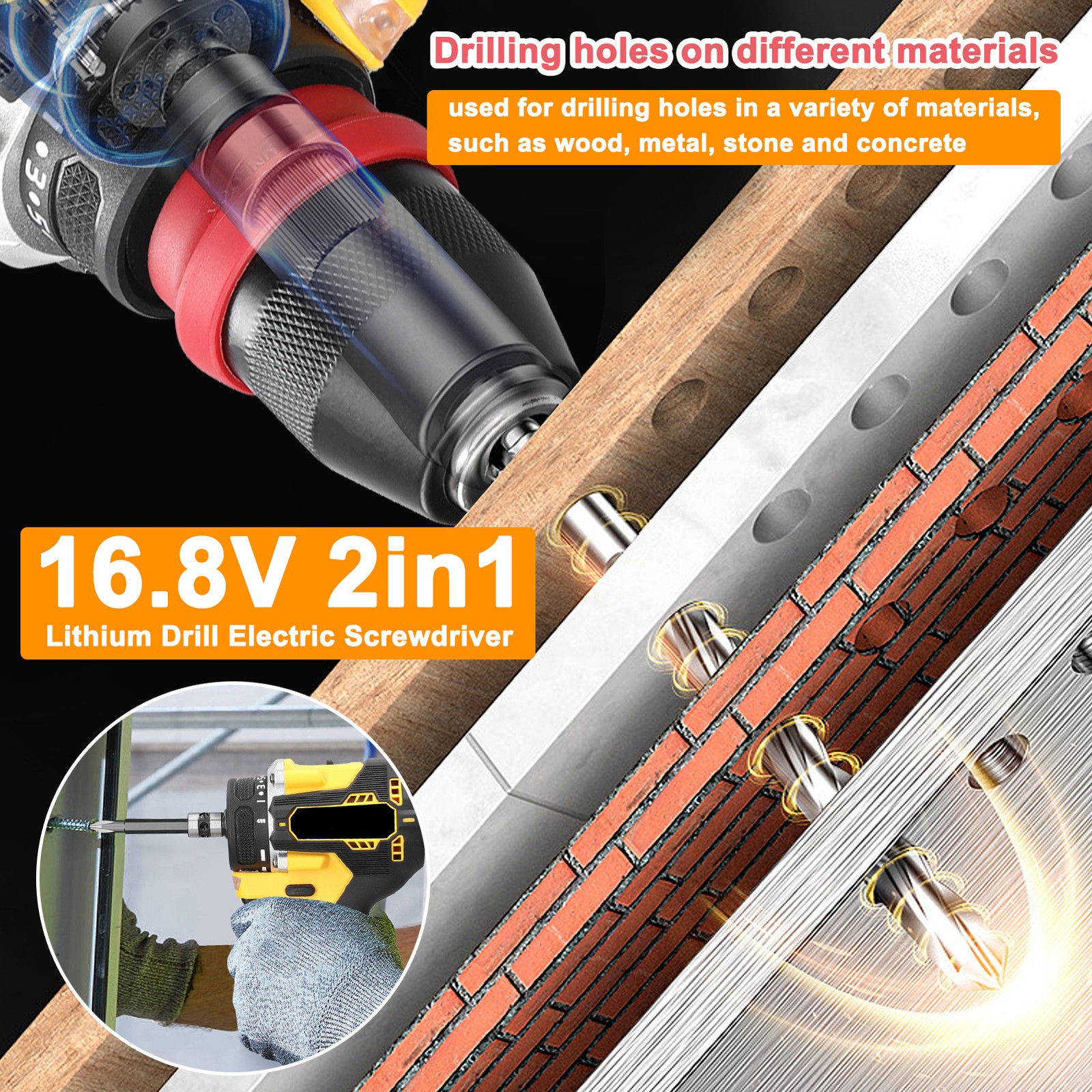 Geevorks 16.8V 2in1 Lithium Drill Electric Screwdriver Multi-function Power WYKV