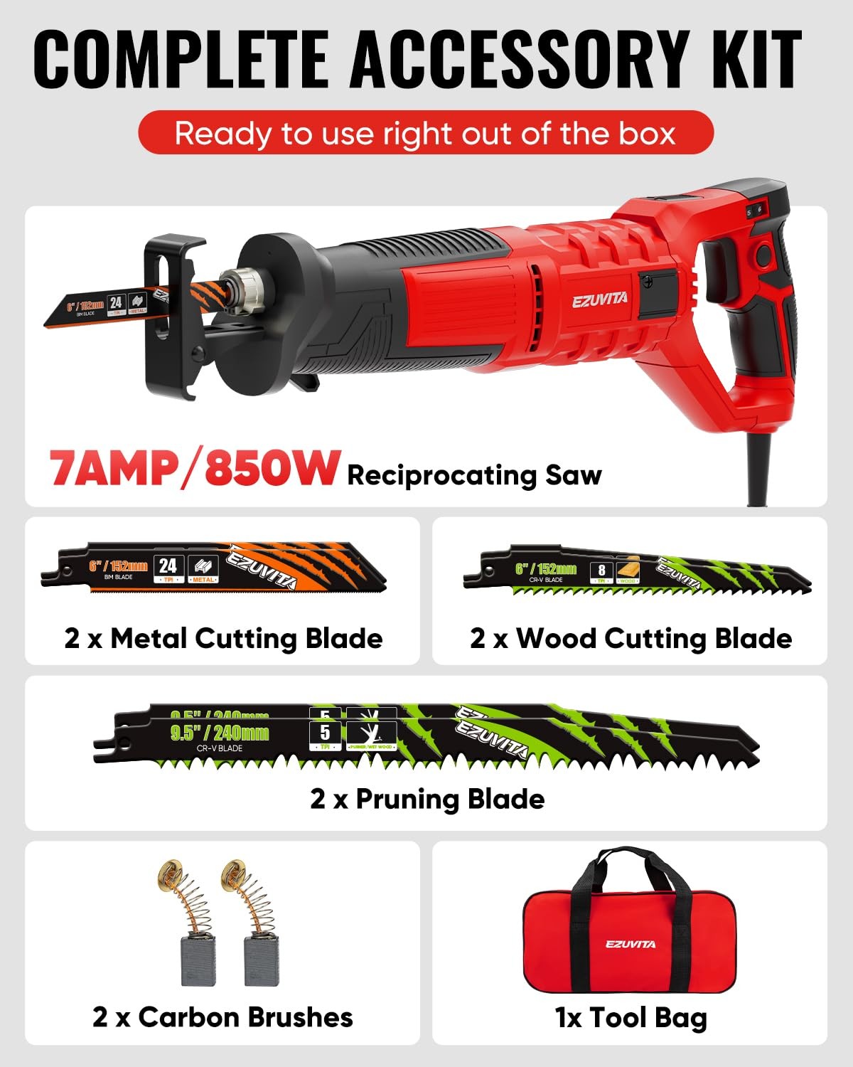 EZUVITA 7 Amp Corded Reciprocating Saw for Wood, Metal, PVC & Tree Pruning, 1…