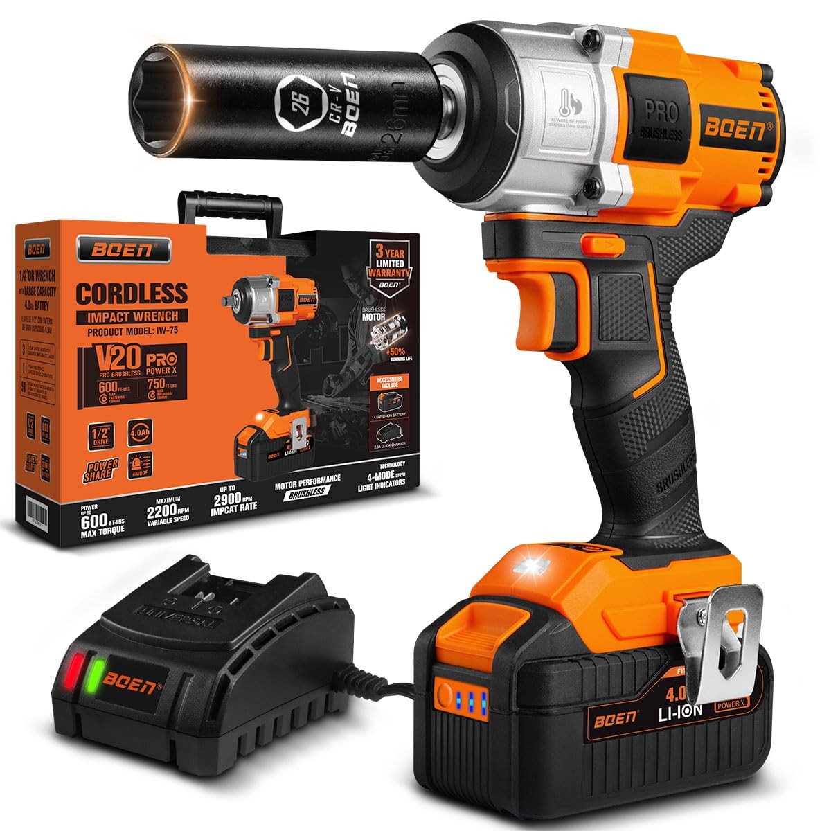 Cordless Impact Wrench 1/2 inch, 600FT-LBS(800N.m), Brushless Electric Impact…