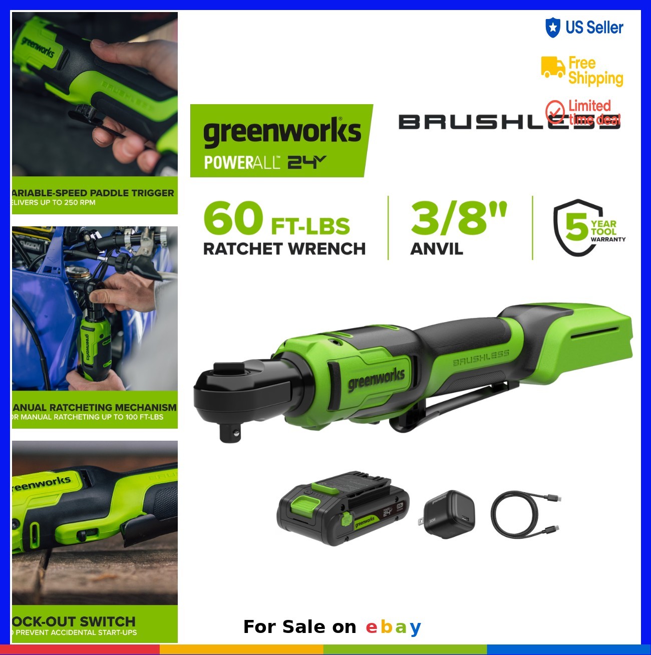 24V Brushless 3/8 Inch Ratchet Wrench 60 ft-lb 2Ah Battery 30W Cable Cordless