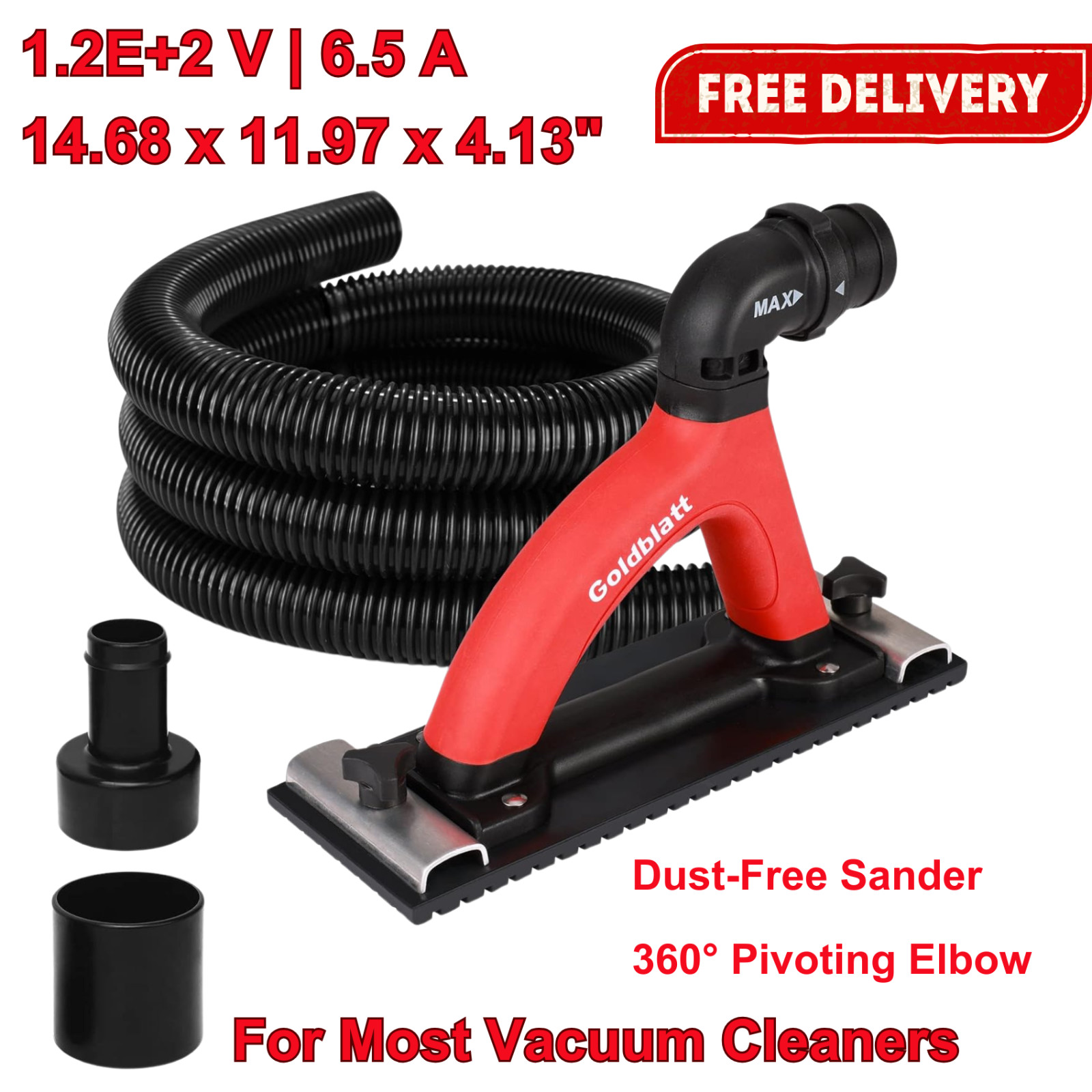 Dust-Free Hand Sander w/ 6.5ft Hose, Drywall Vacuum Sander, Sanding Pad, Adapter