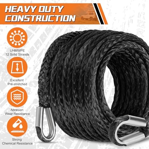 Synthetic Winch Rope Extension, 3/8Inch x 50Ft 26500 Lbs Winch Extension Black