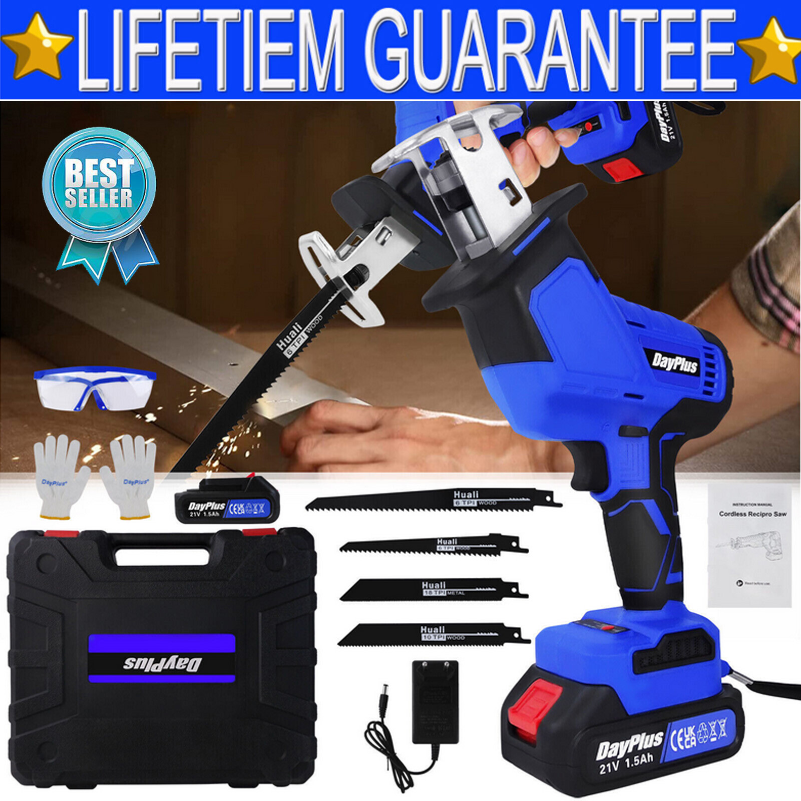 21V Cordless Reciprocating Saw + Battery & Charger Recip Sabre Saw + 4 Blades US