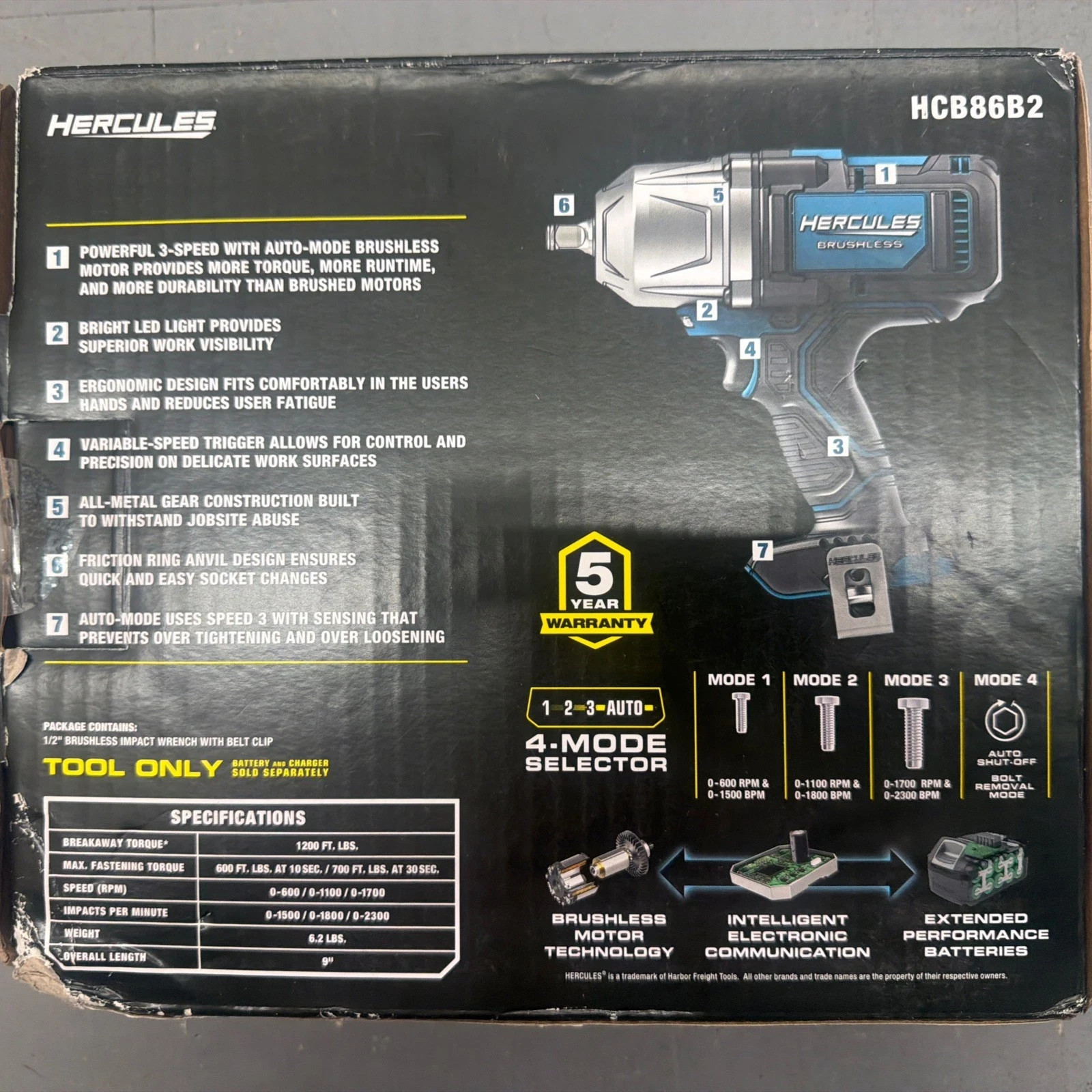 HERCULES 20V Brushless 1/2&Prime; Impact Wrench 1200 FT LBS (Tool Only) HCB86B2 New!!