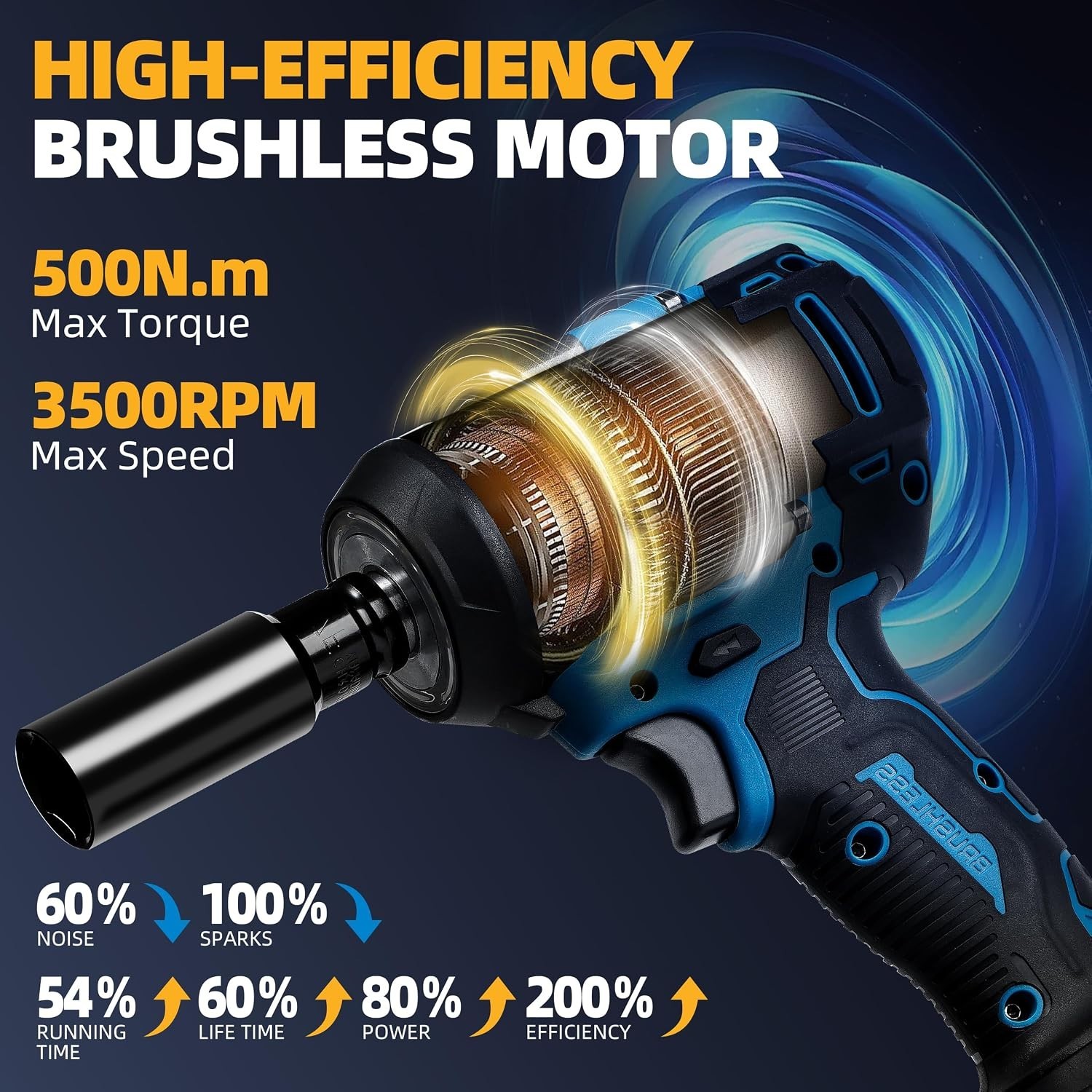 500Nm 1/2&Prime; Cordless Impact Wrench Brushless 21V 4000mAh 3500RPM 7 Sockets USA