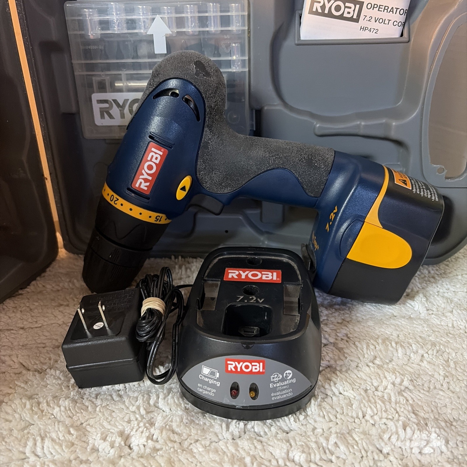 Ryobi 7.2 V Cordless Drill With Drill Bits Case Battery Charger One Battery