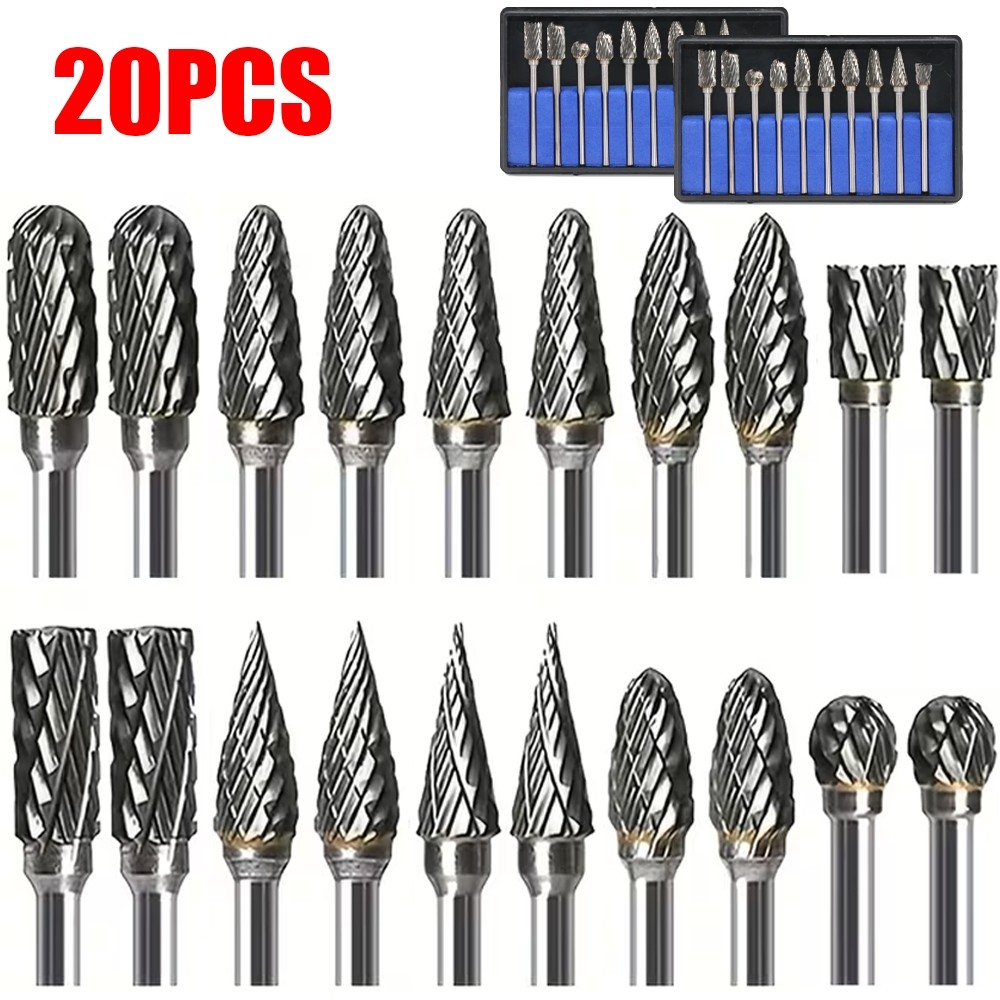20pcs Tungsten Carbide Rotary Burr Bit Set 1/8&Prime; Cutting Carving Burrs for Dremel