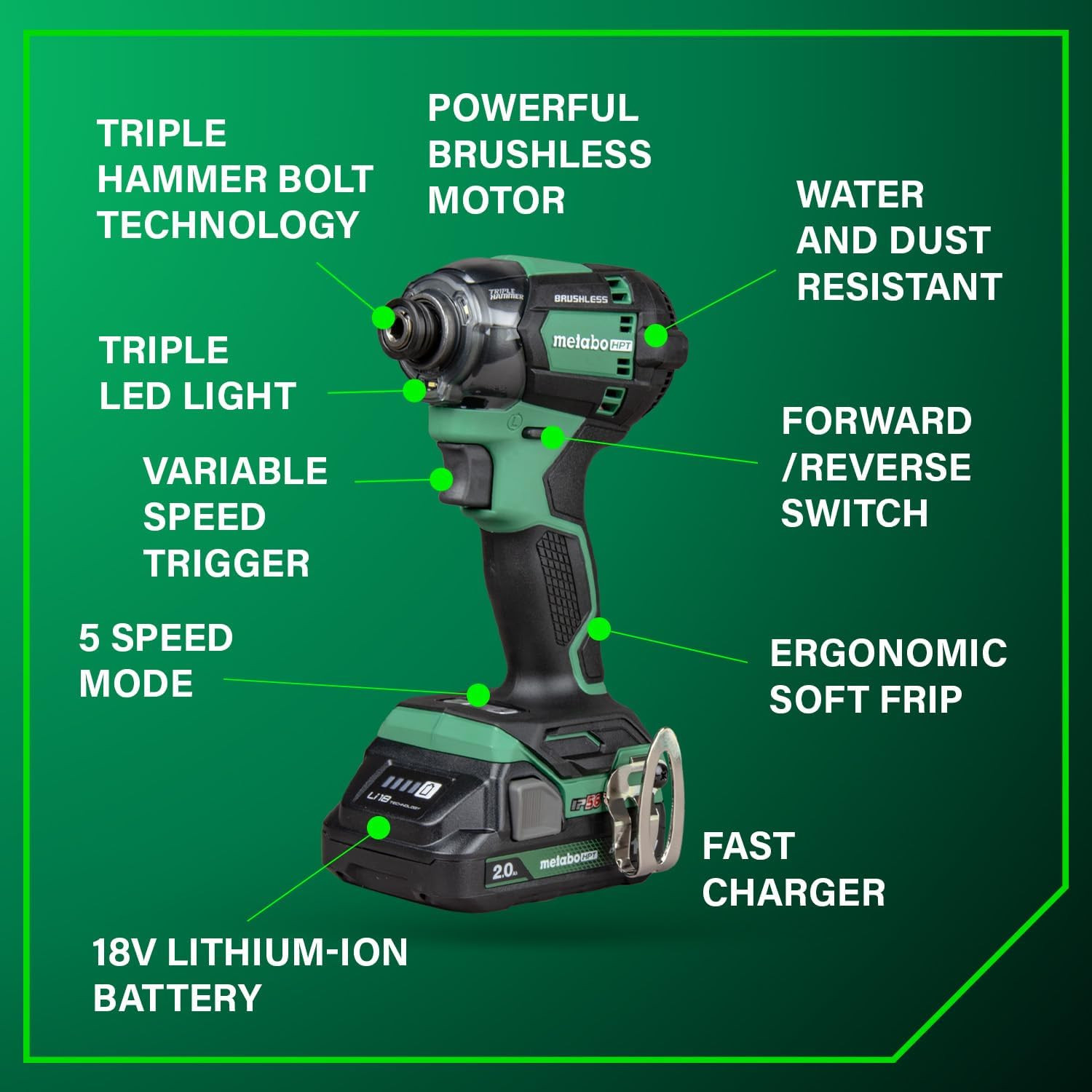 Metabo HPT WH18DC 18V Impact Driver Kit 2 Batt Charger Triple Hammer