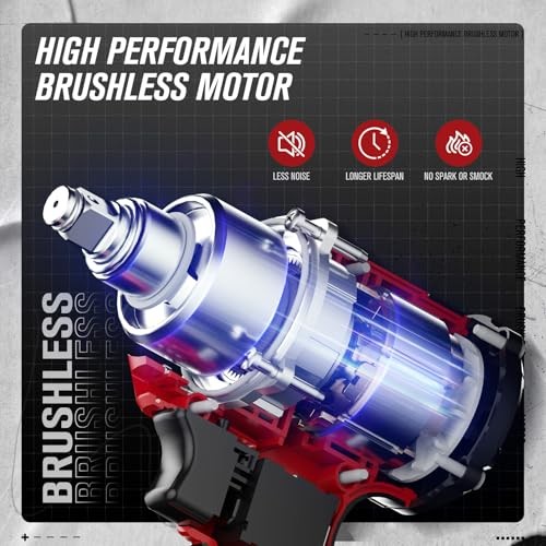 1/2 Impact Wrench Brushless, 20V Cordless Impact Gun w/ 3 Variable Light Red