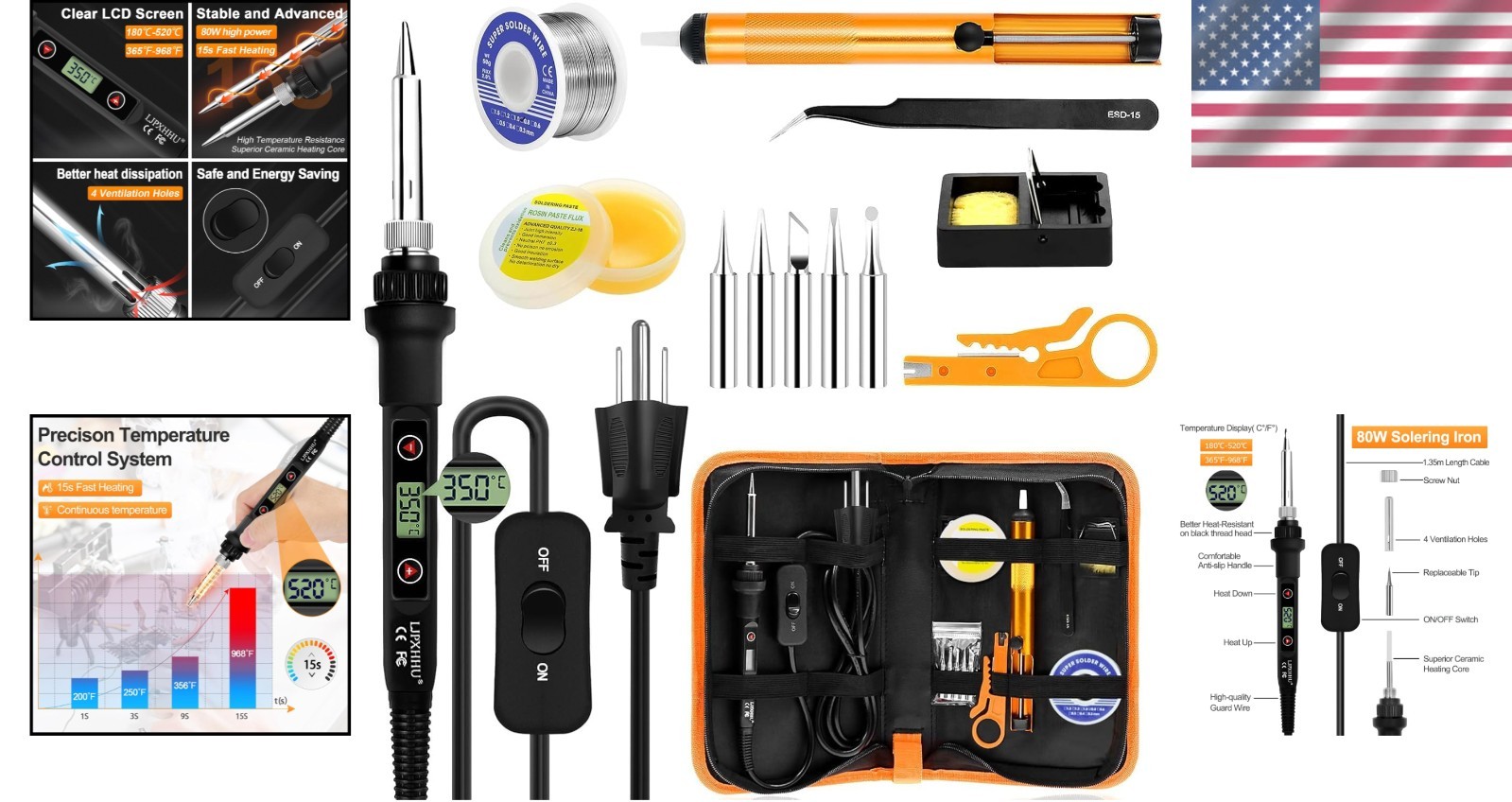 80W Adjustable Temperature Soldering Iron Kit – 13-in-1 Electronics Tool Set