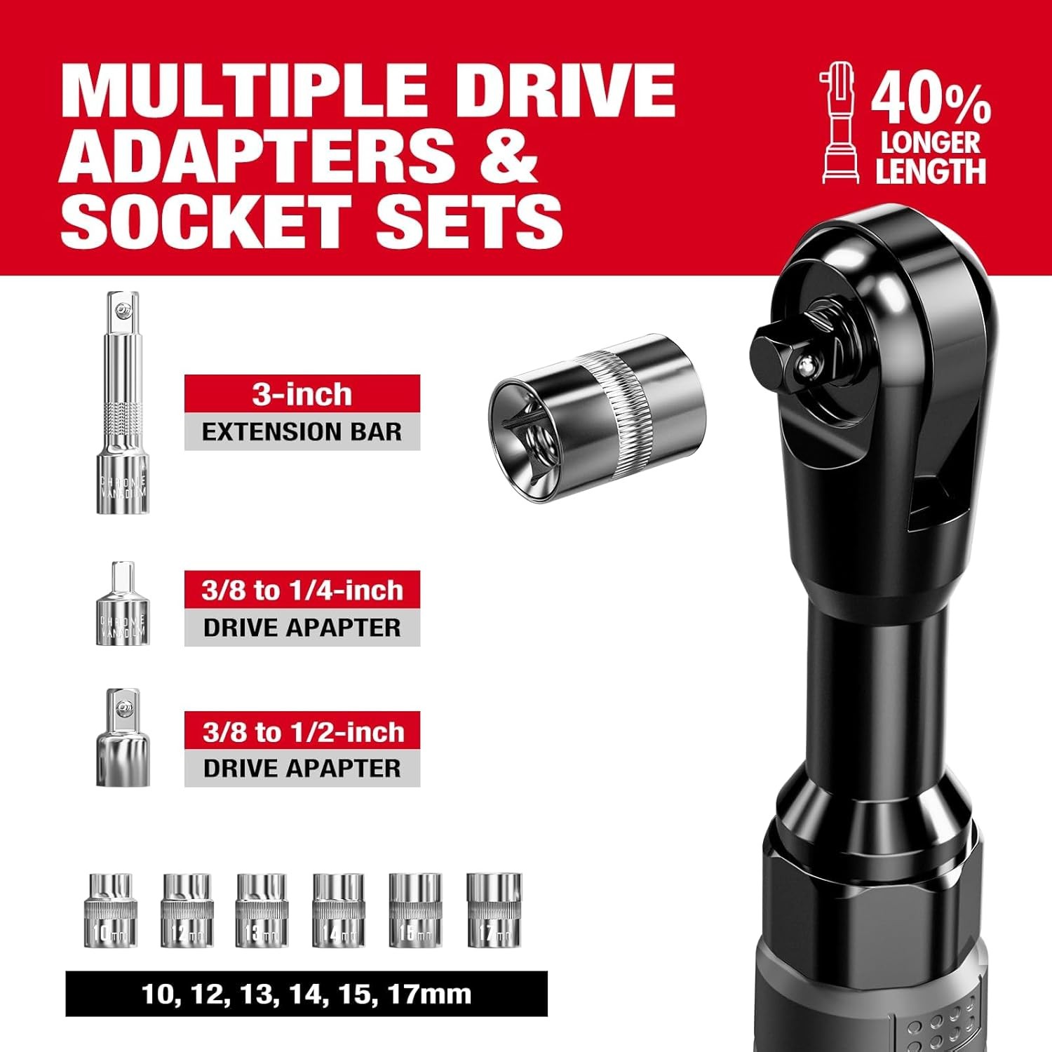 3/8&Prime; Cordless Ratchet Wrench Set, 60Ft-Lbs(80N.M) Electric Ratchet, 12V Extended