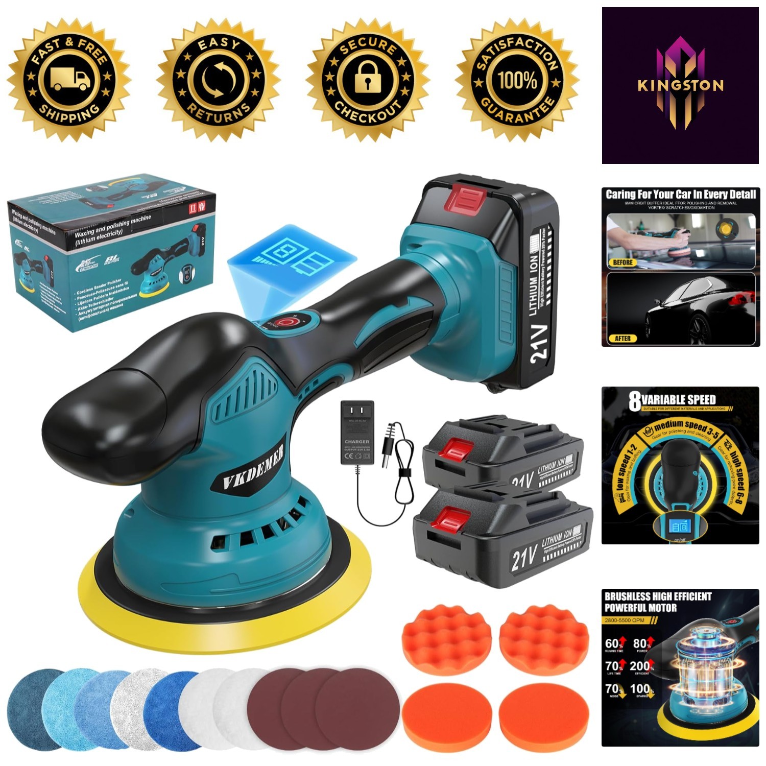 Lightweight 6-Inch Cordless Polisher Kit with 2 x 21V Batteries & LCD Display