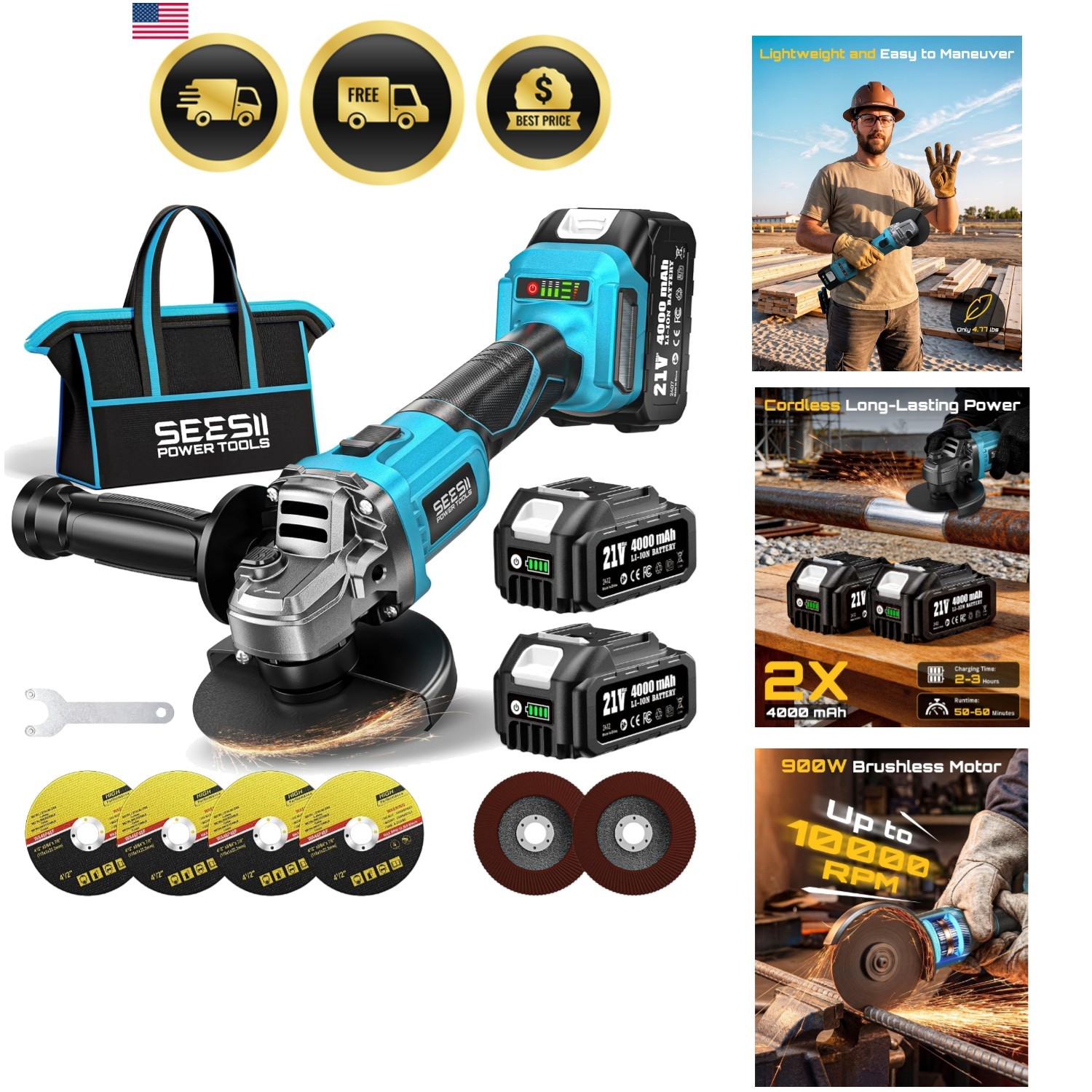 Cordless Angle Grinder 4-1/2 Inch, 21V Brushless Battery Grinder Tool with 2X…