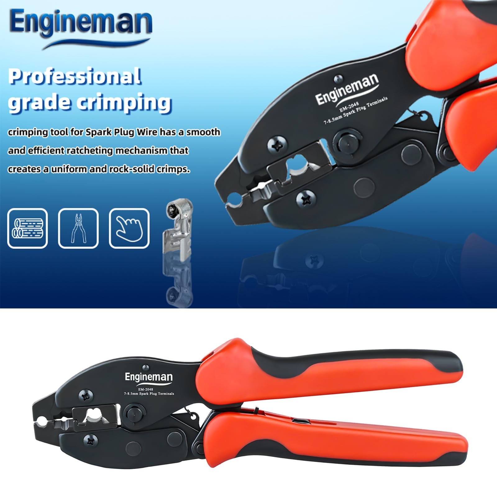 ENGINEMAN Spark Plug Wire Crimper, Crimping Pliers 7-8.5mm, Black and Yellow