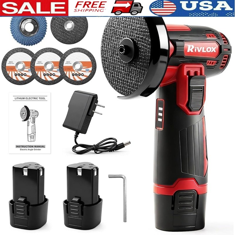 Cordless Mini Angle Grinder 12V High Speed Motor 1500mAh Battery 2 Discs Tools