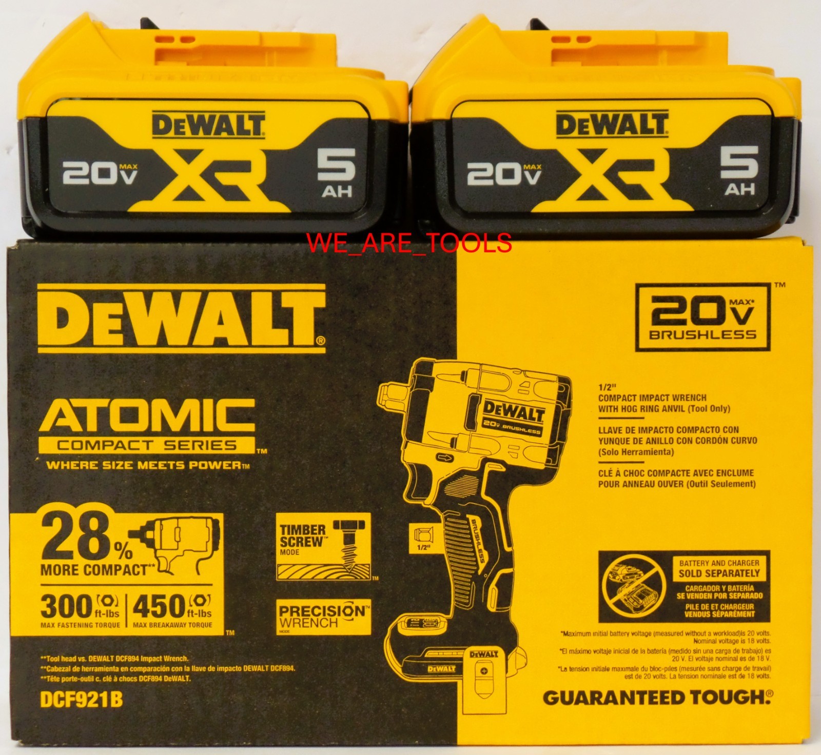 Dewalt DCF921B 20V Atomic 1/2&Prime; Impact Wrench Hog Ring, 2) DCB205 5.0 Ah Battery