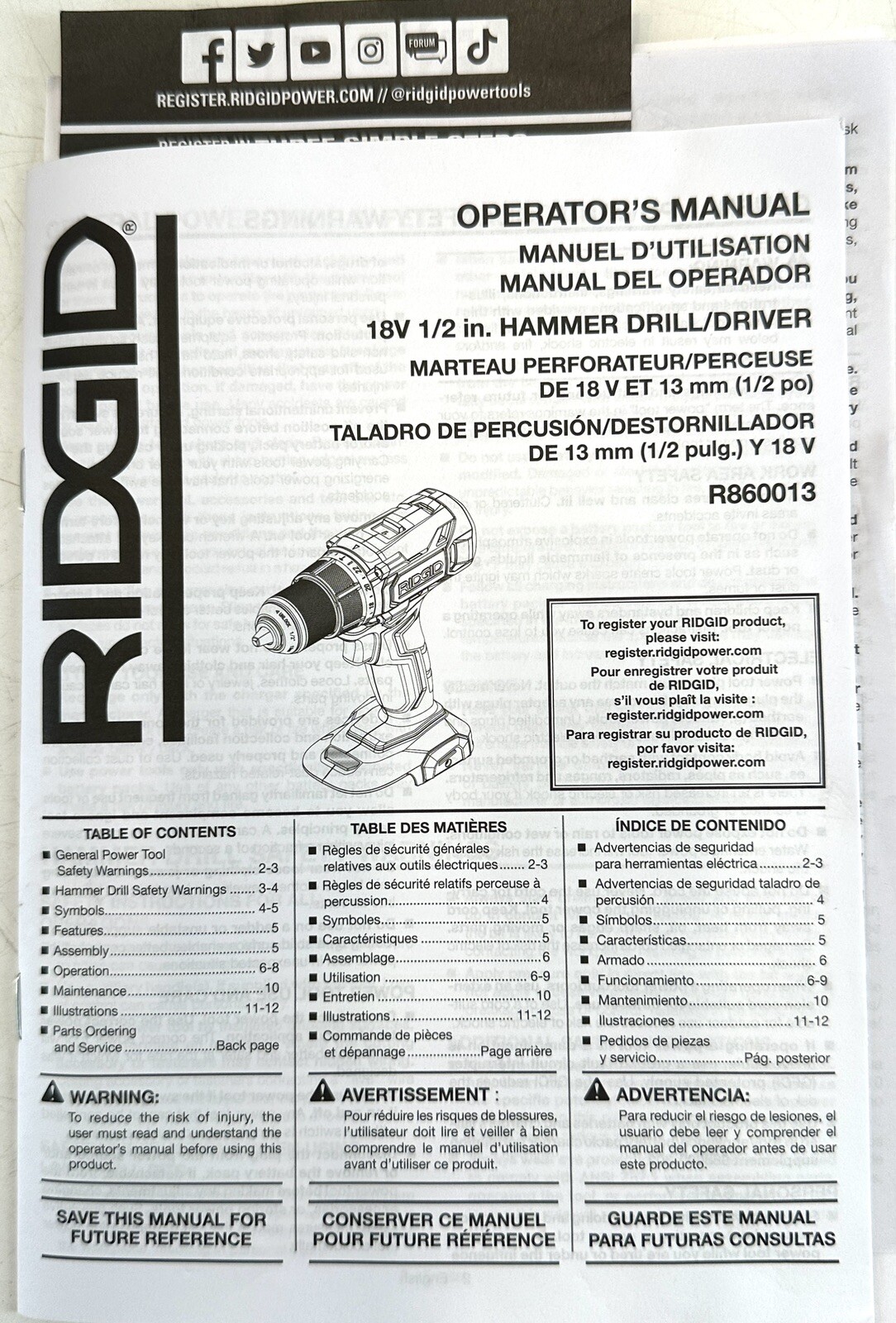 Ridgid 18V 1/2 in Hammer Drill Driver W/ 2 Ah Battery & Charger Model R860013K
