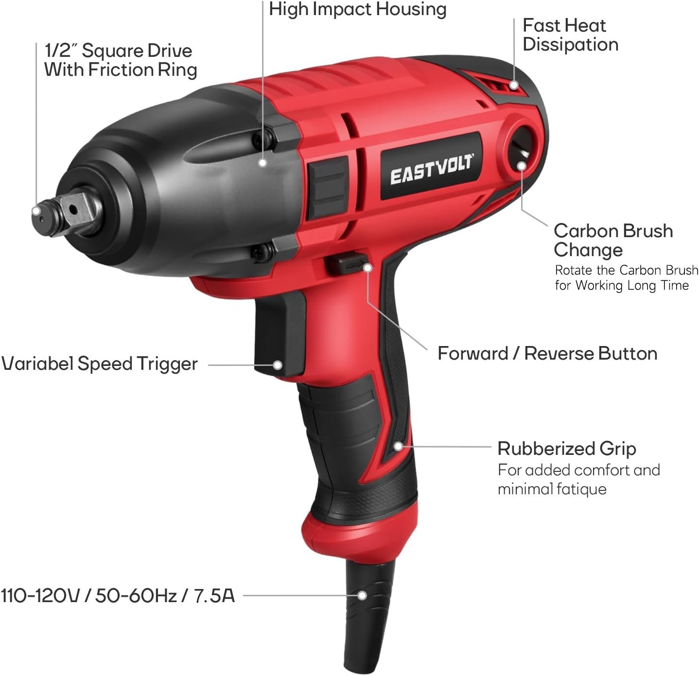 800W Electric Impact Wrench, 3400 RPM, 450 Ft-lbs