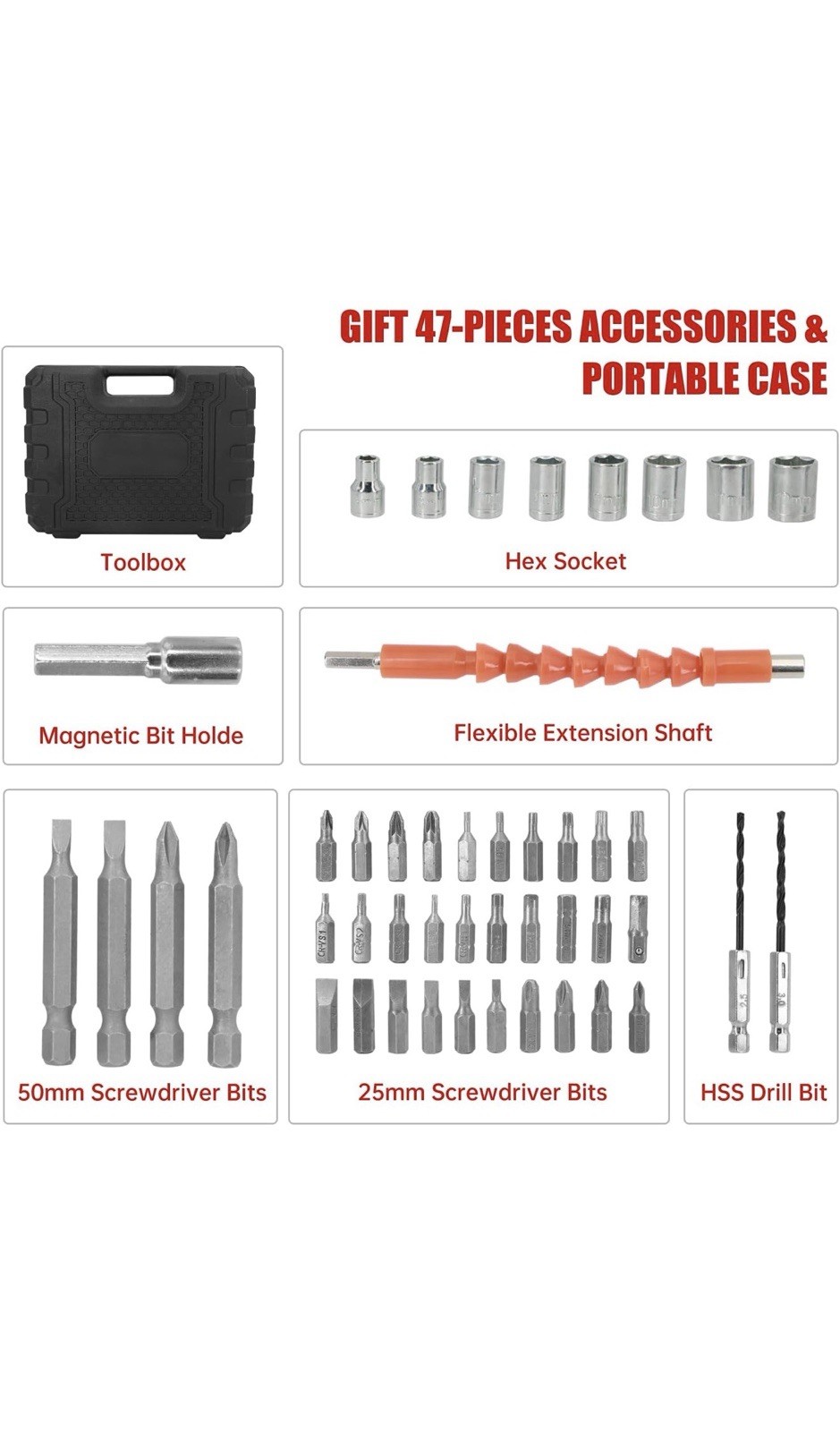 Cordless Electric Screwdriver Set Black Red, 47-Piece, LED, Flexible Shaft, Case