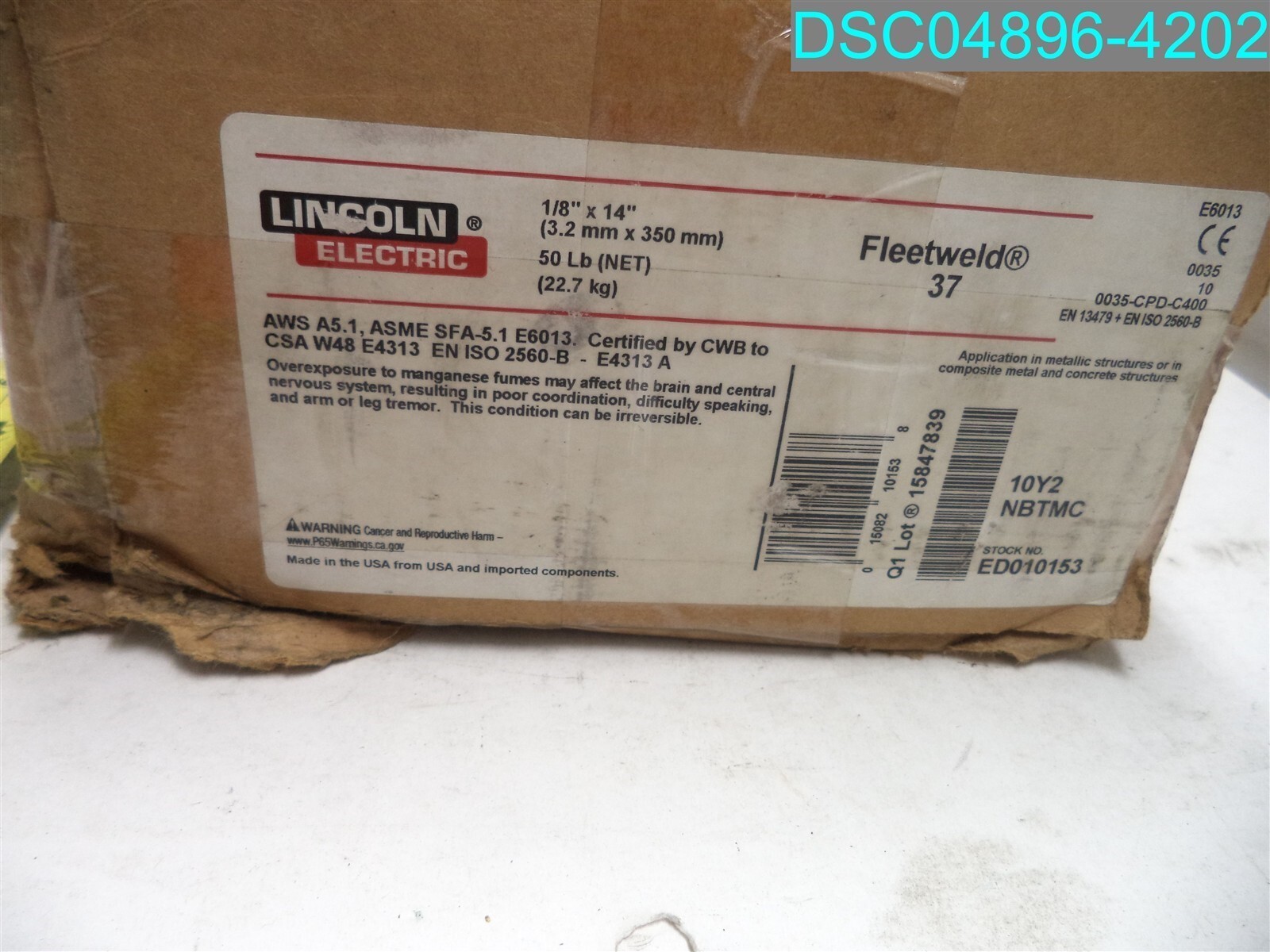 LINCOLN FLEETWELD 37 (6013) 1/8&Prime; ELECTRODE 50LB CARTON (ED010153) 015082101538