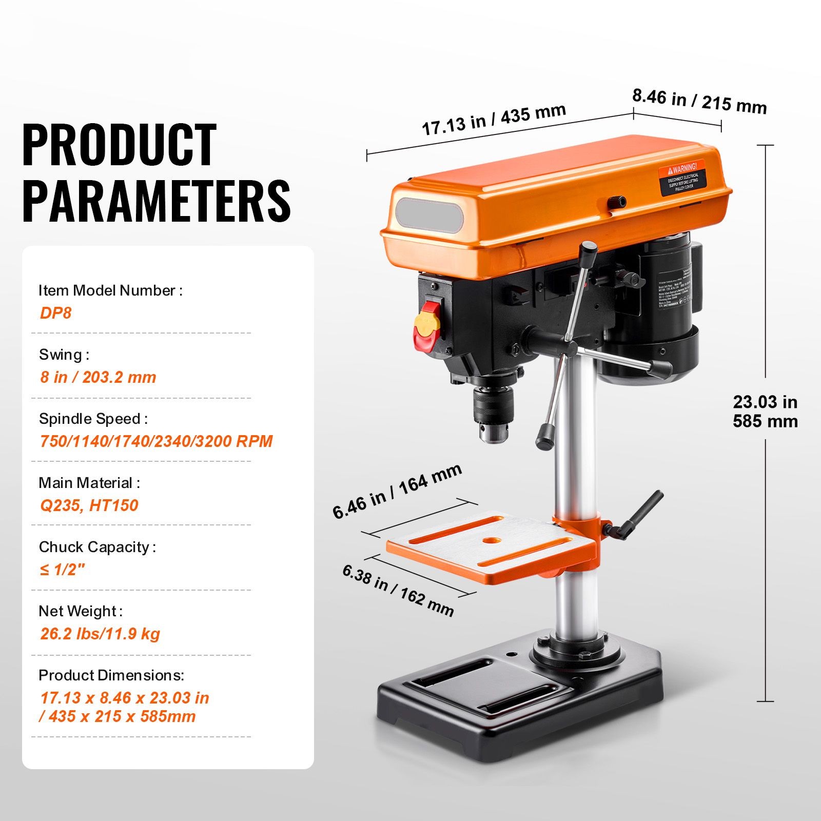 8in Benchtop Drill Press, 2.5A Motor, 5-Speed (620–3100 RPM), 45° Tilting Table